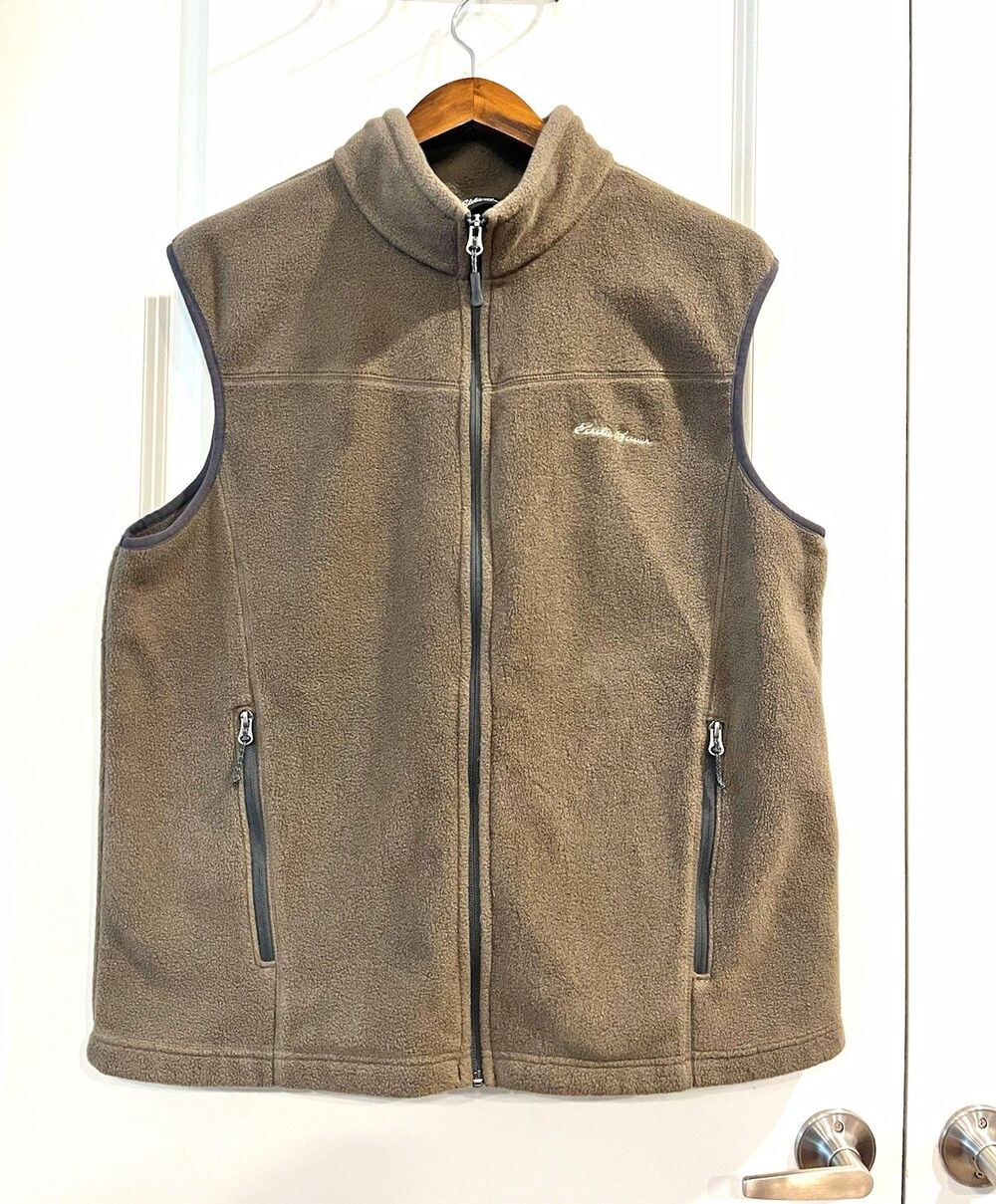 Eddie Bauer Men's L Olve Grn Full Zip Stand-Up Collar Fleece Vest w Pockets 0052